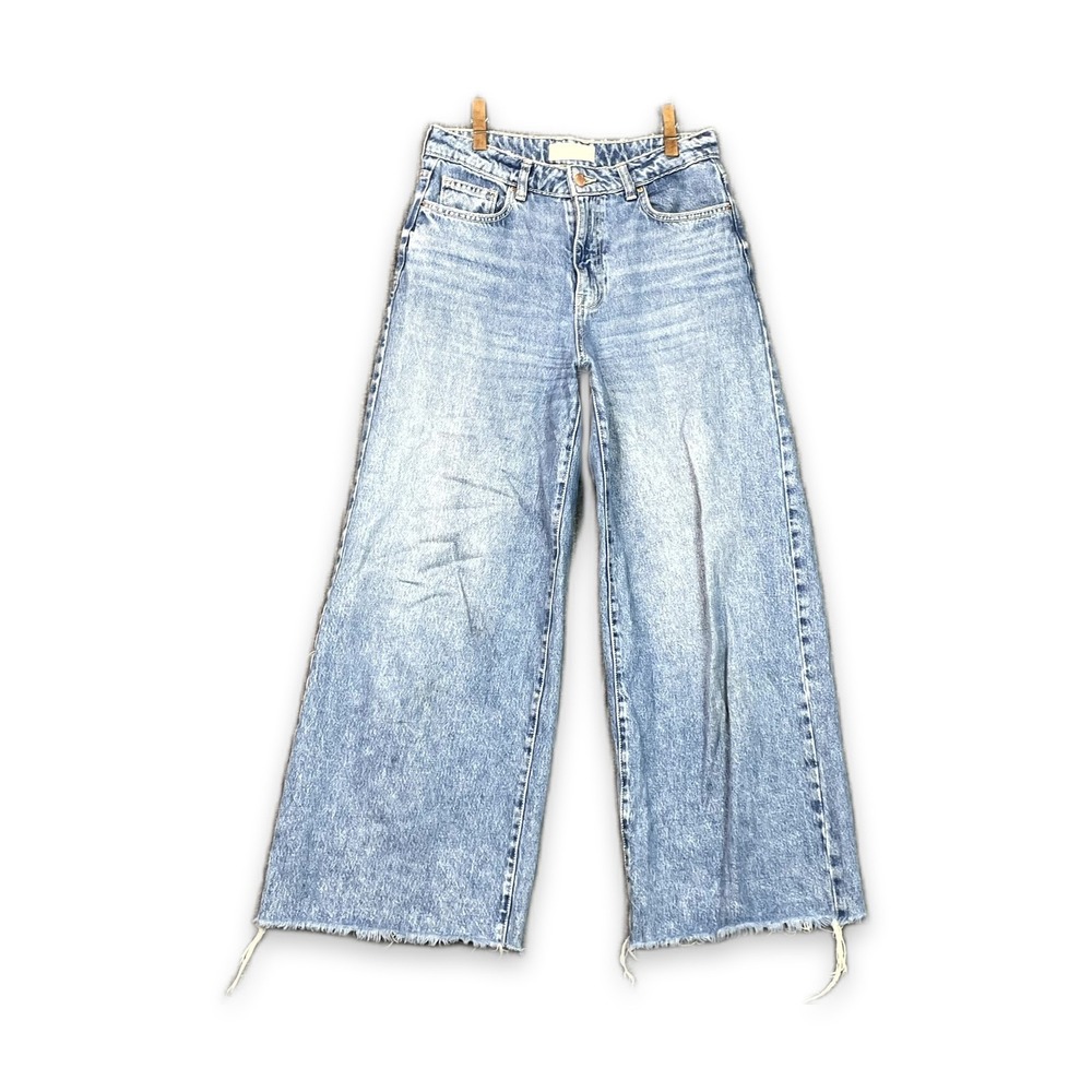 Zara Wide Leg Jeans Womens 6 Blue Denim Raw Hem Workwear Minimalist Grunge Rodeo